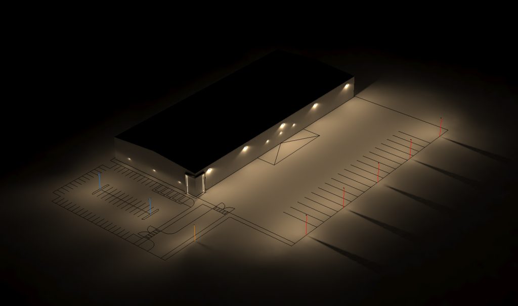 A 3d render showing a lit warehouse